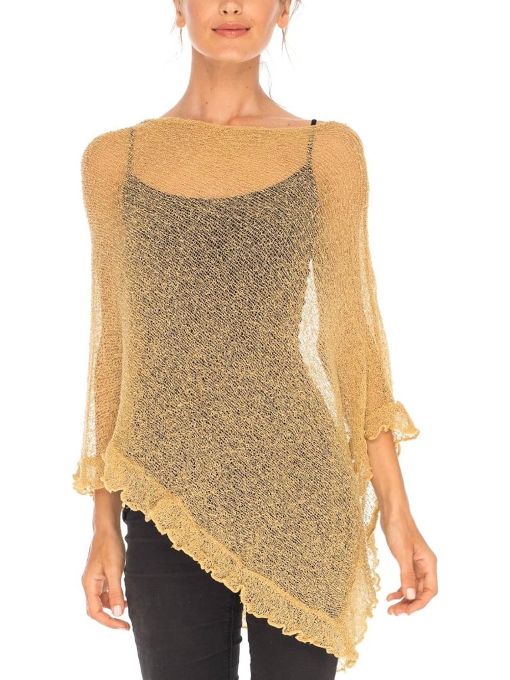 Women's Nude Gold Knit Poncho Shrug Lightweight Asymmetrical Cover Up Tops